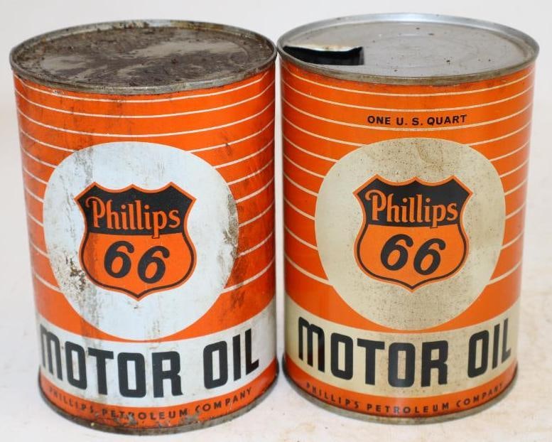 Group of 2 Phillips 66 Solder and Crimp Seam One Quart Metal Oil Cans (Orange): Empty. 4" x 4" x 5.5" each