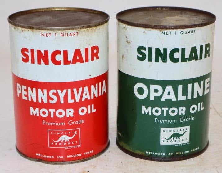 Group of 2 Sinclair Opaline and Pennsylvania One Quart Metal Oil Cans: Empty. 4" x 4" x 5.5" each