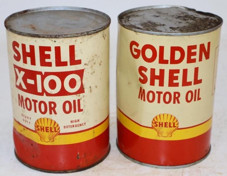 Group of 2 Shell X-100, and Golden One Quart Metal Oil Cans: Empty. 4" x 4" x 5.5" each