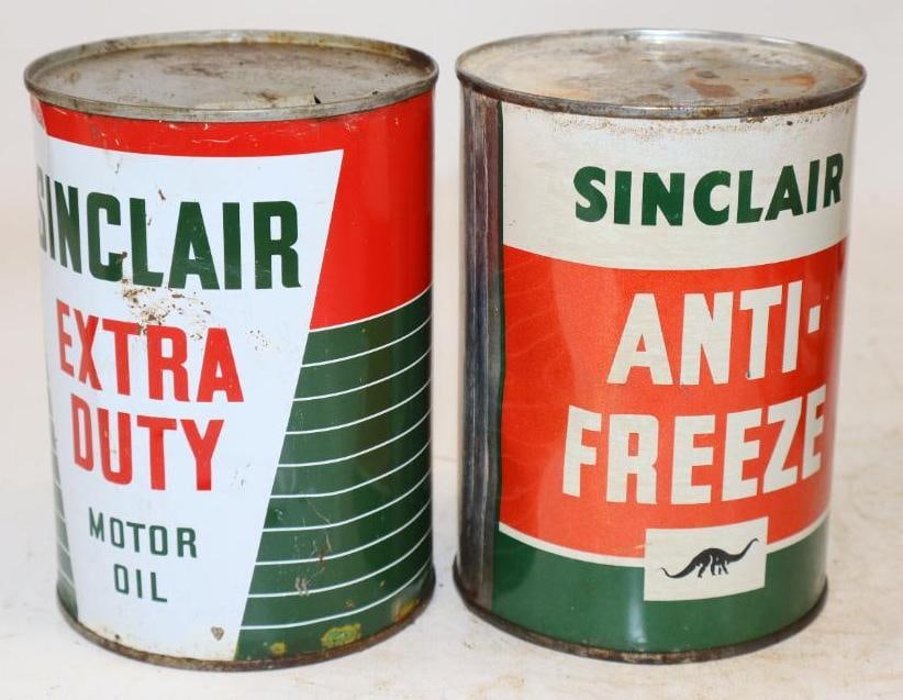 Group of 2 Sinclair Extra Duty, and Anti Freeze One Quart Metal Oil Cans: Empty. 4" x 4" x 5.5" each