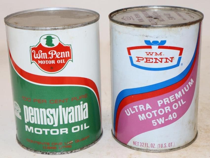 Group of 2 Wm. Penn Pennsylvania, and Ultra One Quart Metal Oil Cans: Empty. 4" x 4" x 5.5" each