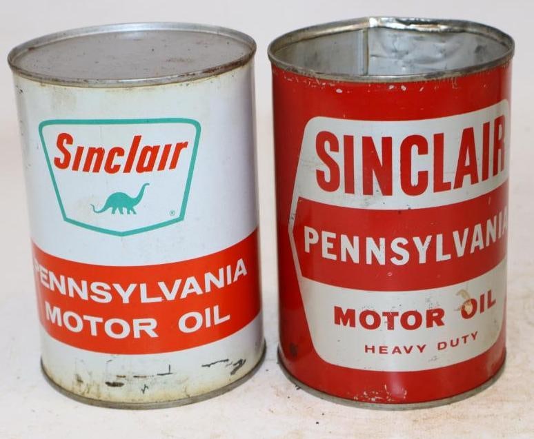 Group of 2 Different Sinclair Pennsylvania One Quart Metal Oil Cans: Empty. 4" x 4" x 5.5" each