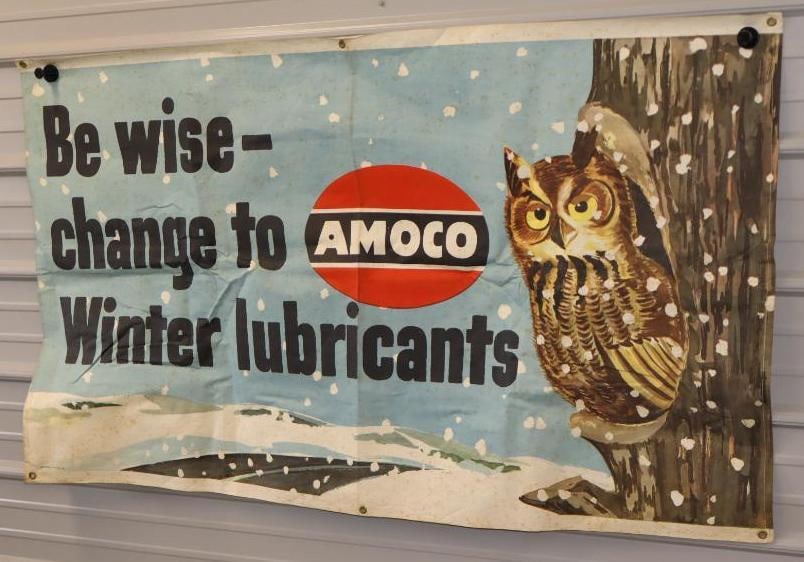 Amoco Be Wise Change to Winter Lubricants Advertising Canvas Banner with Owls: Has some light staining throughout. 60" x 36"
