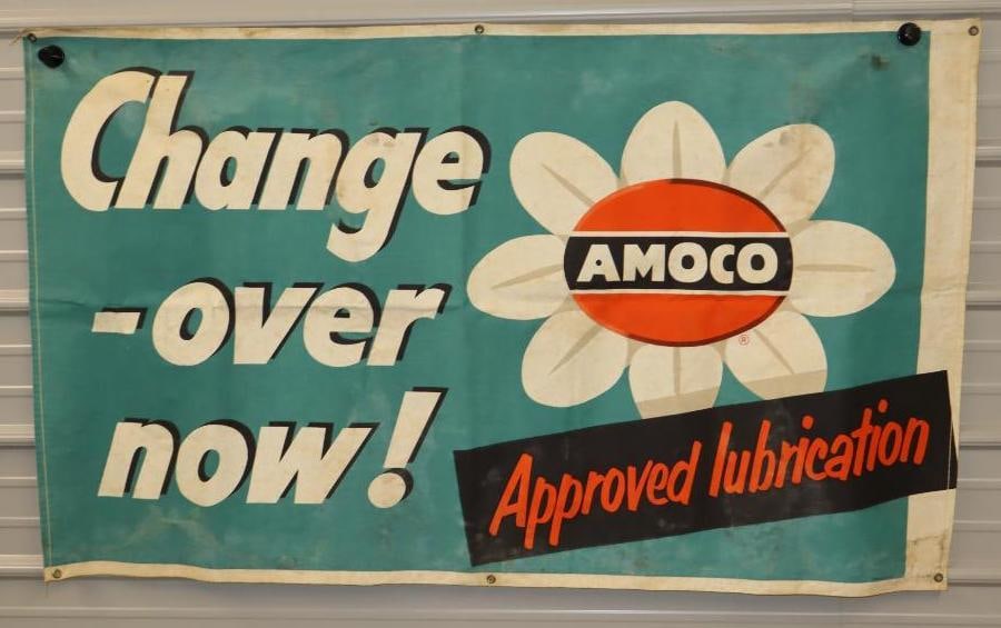 Amoco Change Over Now Approved Lubrication Advertising Canvas Banner: 60" x 36" has light staining throughout & is marked CSP Co.