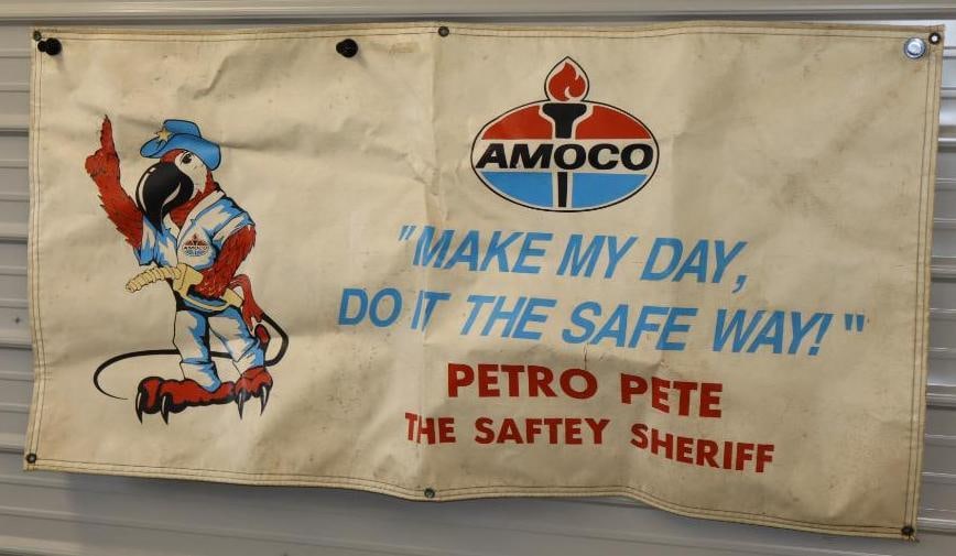 Amoco Vinyl Advertising Banner with Petro Pete the Safety Sheriff: 72" x 36"