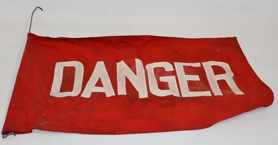 Group of 2 Rust & Dust Collectors Show Advertising Banner & Canvas Danger Flag: Largest is 44" x 30"