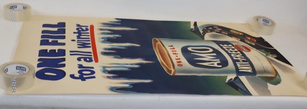 Amoco AMO Antifreeze 'One Fill for All Winter' Gas Station Advertising Poster with Oil Can &: 42" x 28"