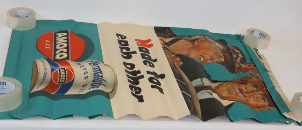 Group of 2 Amoco Gas & Permalube Motor Oil Made for Each Other Elderly Couple Driving Advertising: 42" x 28" each