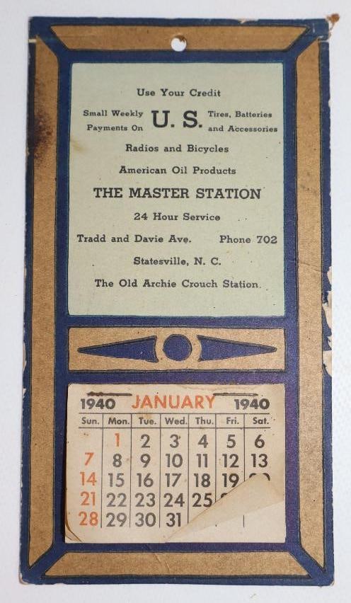 1940 American Oil Products Master Station Statesville NC Advertising Calendar: 3.5" x 6.25"