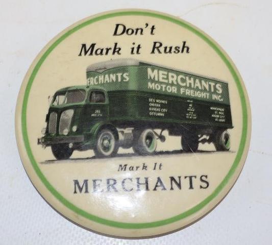 Merchants Motor Freight Inc. Celluloid Advertisement with Daily Service Mileage Chart: 3.5" x 3.5"