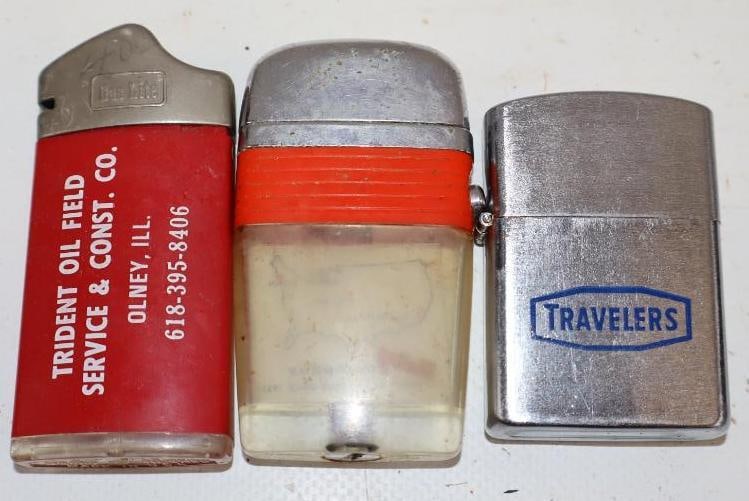 Group of 3 Travelers, Trident, & Unitog Advertising Refillable Lighters: Largest is 1.5" x 2.5"