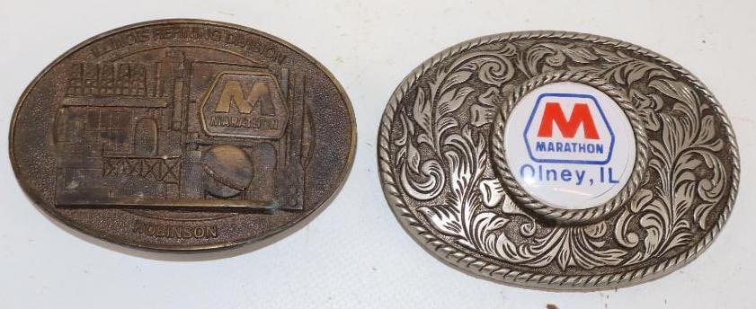 Group of 2 Marathon Advertising Belt Buckles: Largest is 2.75" x 3.75"