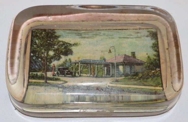 1920's Jenney Gasoline Gas Station Scene Advertising Paperweight: 4" x 2.5" x 1"