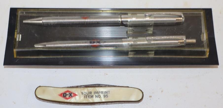 Group of 2 DX Advertising Pocket Knife & Ritepoint Pen & Pencil Set: Largest is 6.5" x 2"