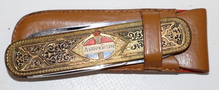 Ornate American Pocket Knife with Leather Sheath: 3.5" x 1"