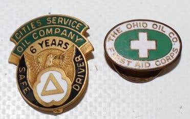 Group of 2 Cities Service & Ohio Oil Company Cloisonne Safe Driver & First Aid Corps Lapel Pin &: Largest is 1" x 1.25"