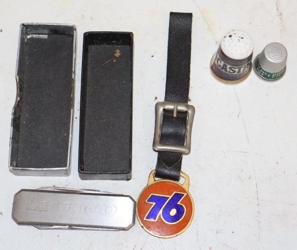 Group of 4 Amoco, Union 76, Castrol, & Pierce Pennant Advertising Watch Fob, Thimbles & Pocket Knife: Largest is 1.25" x 4"