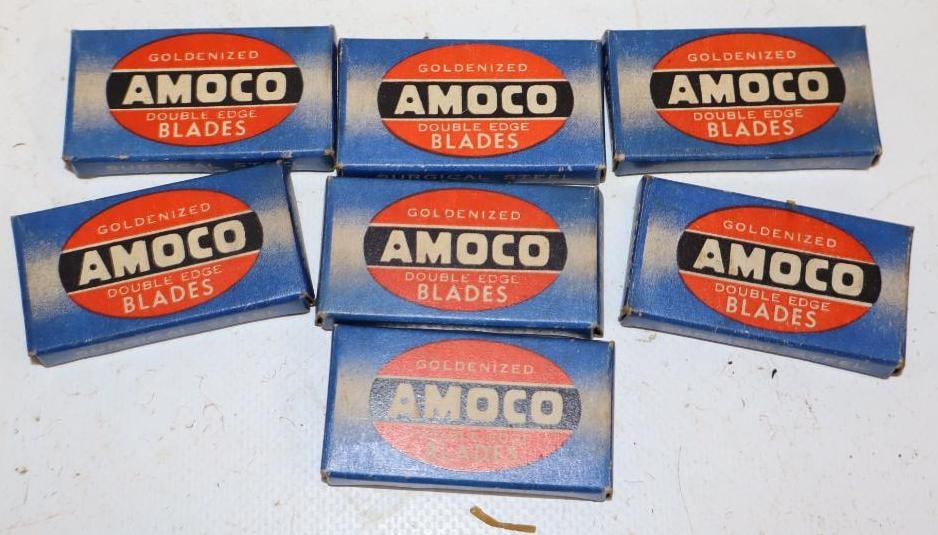 Group of 7 Amoco Advertising Surgical Steel Razor Blades in Original Boxes: 2" x 1" each