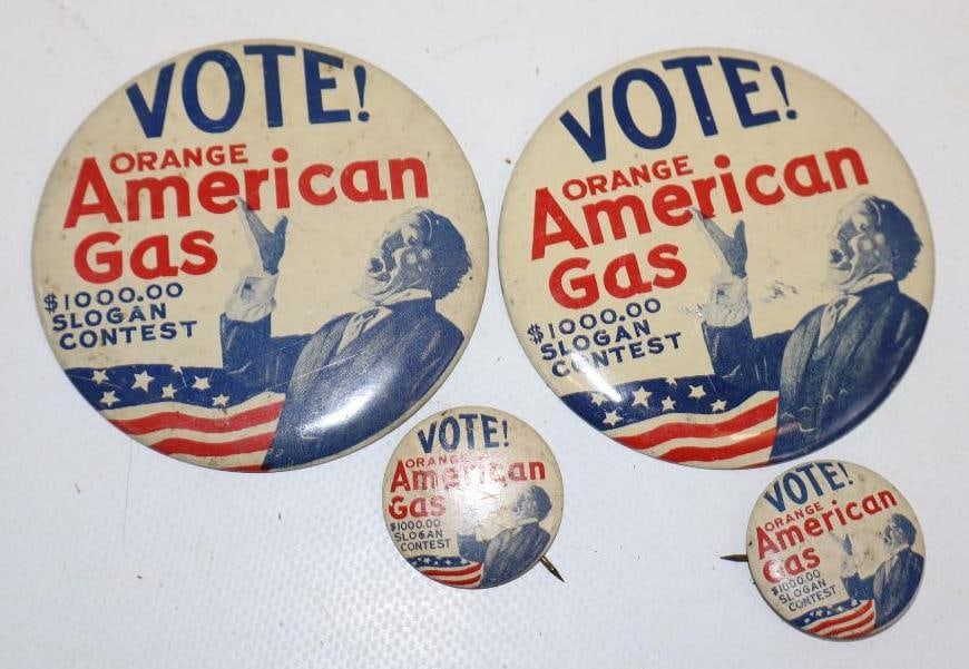 Group of 4 Vote! Orange American Gas $1000 Slogan Contest Pinback Badges: Largest is 3" x 3"