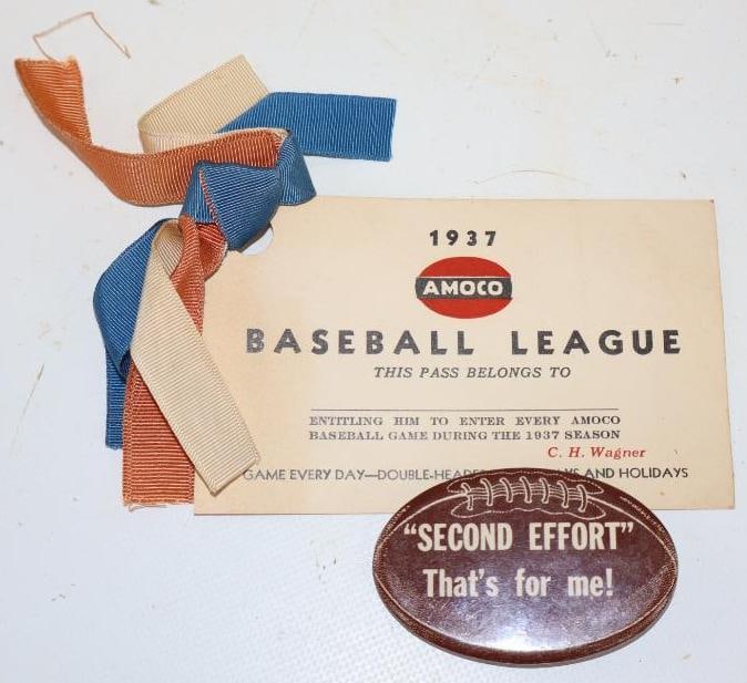 Group of 2 - 1937 Amoco Baseball League Pass & "Second Effort" Football Pinback Badge: Largest is 3" x 5"