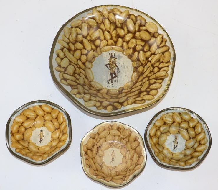 Group of 4 Planters Peanuts Serving Bowl and Nut Dishes: Largest is 6" x 6" x 2"