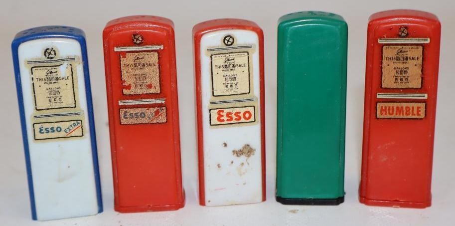 Group of 5 Esso, Humble, & Amoco Gas Pump Shaped Salt & Pepper Shakers: 1" x .75" x 2.75" each, 2 of the Esso's are missing bottom lids