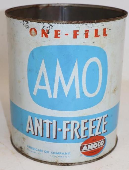 AMO Anti Freeze One Gallon Metal Oil Can: Missing top lid. Empty. 6.5" x 6.5" x 7.75"