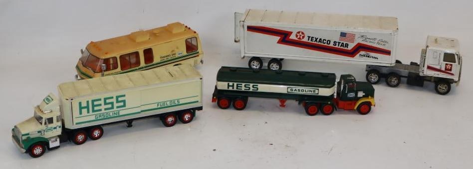 Group of 4 Hess & Texaco Semi Trucks & RV: Largest is 20" x 3.5" x 4.25"