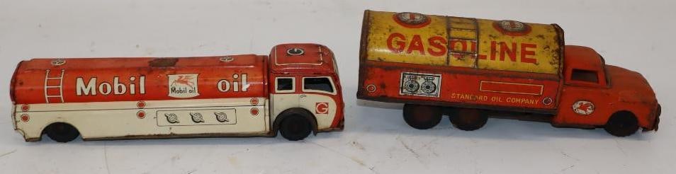 Group of 2 Mobil & Standard Oil Tin Litho Friction Toy Trucks: Largest is 8.5" x 2.25" x 2.25" friction works on Mobil Oil truck
