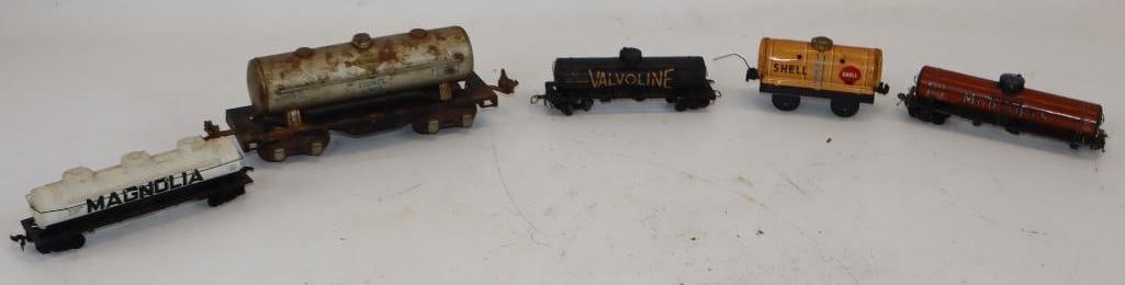 Group of 5 Mobil, Magnolia, Shell, Valvoline & Sunoco Toy Train Tanker Cars: Largest is 8.5" x 2" x 3"