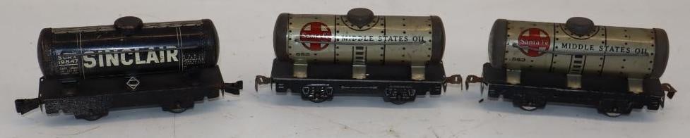 Group of 3 Tin Litho Sinclair & Santa Fe Middle States Oil Toy Train Tanker Cars: 6.5" x 2" x 3" each