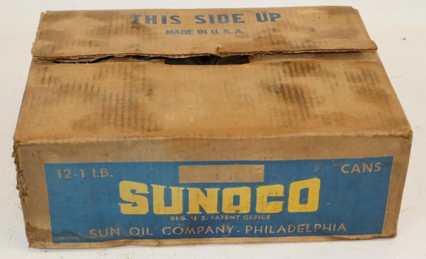 Group of 10 Sun Oil Company Sunoco One Pound Grease Cans in Original Case: Case measures 14" x 10.5" x 5"
