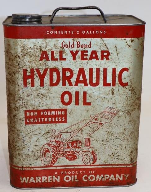 Gold Bond Hydraulic Two Gallon Metal Oil Can with Tractor Scene: 5.5" x 8.5" x 11.25"