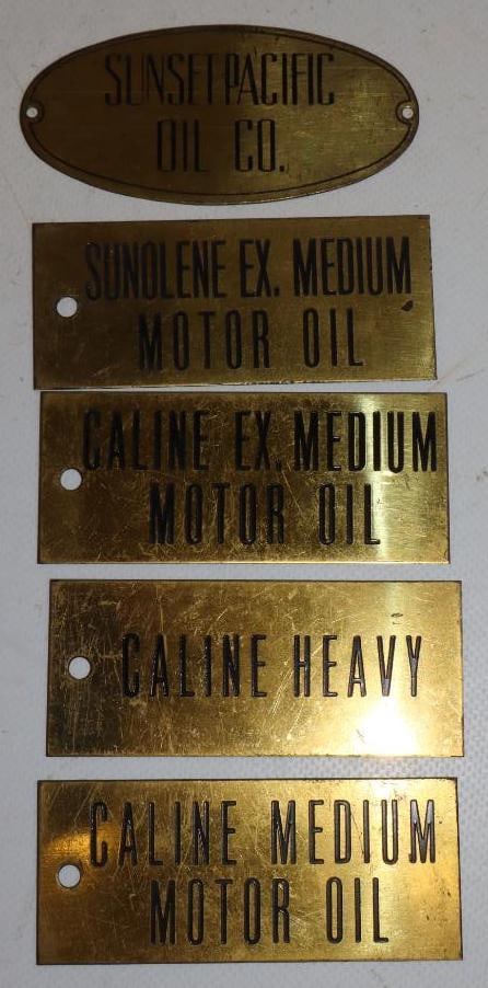 Group of 5 Caline, Sunolene, and Sunset Pacific Oil Brass Identification Tags: 3.5" x 1.5" each