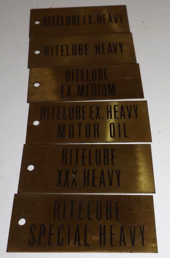 Group of 6 Ritelube Oil Brass Identification Tags: 3.5" x 1.5" each