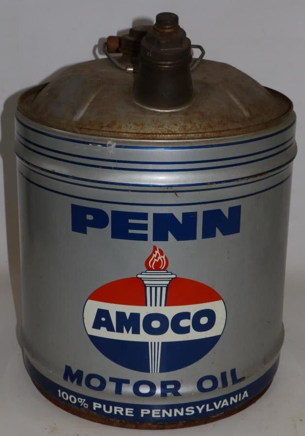 Penn Amoco Five Gallon Round Metal Oil Can: 11" x 11" x 15"