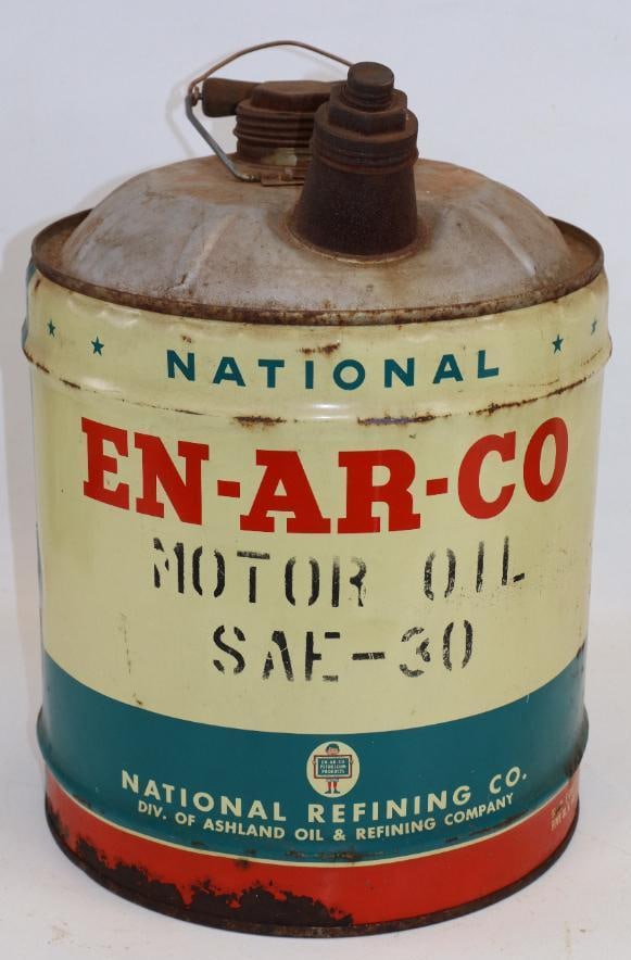 National Refining En-Ar-Co Five Gallon Round Metal Oil Can: 11" x 11" x 15"