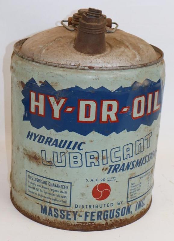 Massey-Ferguson Hy-Dr-Oil Five Gallon Round Metal Oil Can: 11" x 11" x 15"