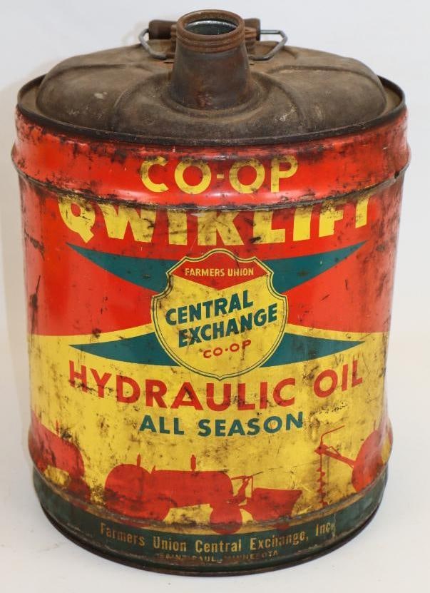 Co-Op Qwiklift Five Gallon Round Metal Oil Can with Tractor Graphics: Missing both lids. 11" x 11" x 15"