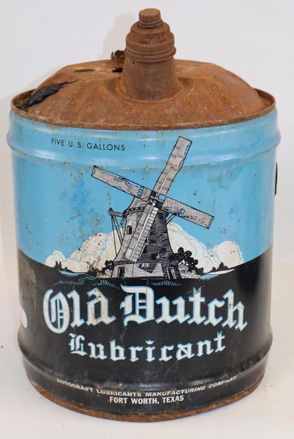 Old Dutch Five Gallon Round Metal Oil Can: Has heavy rusting on top. 11" x 11" x 15"
