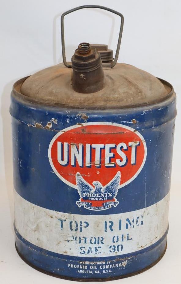 Phoenix Oil Unitest Top Ring Five Gallon Round Metal Oil Can: Missing one lid. 11" x 11" x 15"