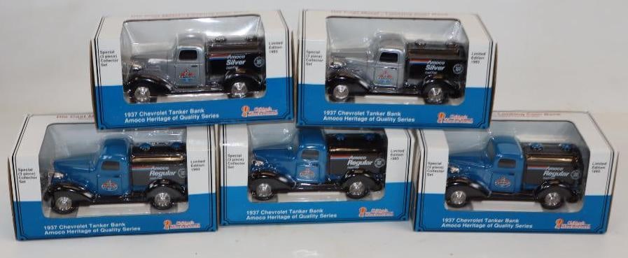Group of 5 Amoco Heritage of Quality Series Die Cast Gas Station Toy Trucks in Original Boxes: 8" x 4" x 4" each