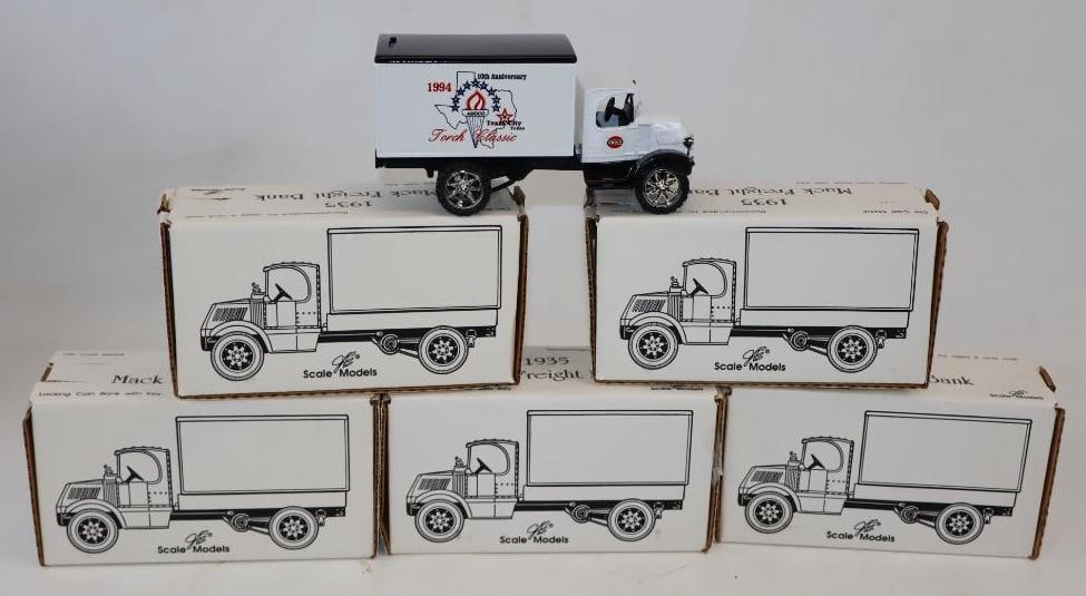 Group of 5 Amoco Torch Mack Truck Die Cast Gas Station Toys in Original Boxes: 7" x 3" x 3.75" each