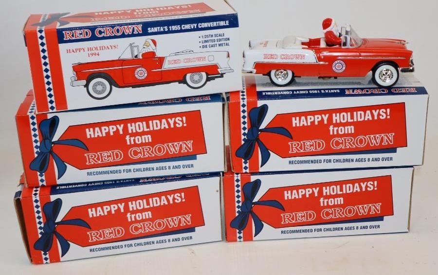 Group of 5 Red Crown 1955 Chevy Convertible with Santa Gas Station Advertising Cars in Original: 8.25" x 3.25" x 3.25" each