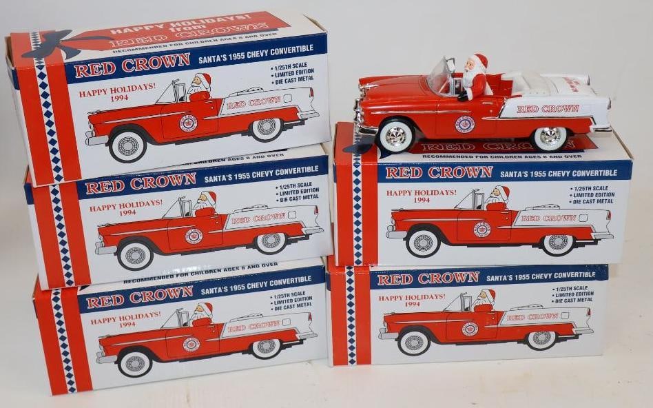 Group of 5 Red Crown 1955 Chevy Convertible with Santa Gas Station Advertising Cars in Original: 8.25" x 3.25" x 3.25" each