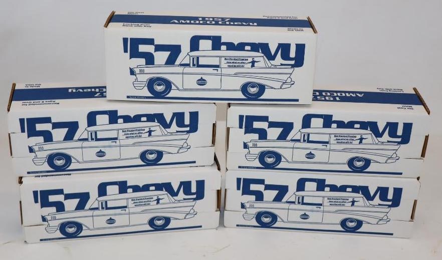 Group of 5 1957 Amoco Chevy Die Cast Gas Station Cars in Original Boxes: 8.5" x 3" x 2.5" each
