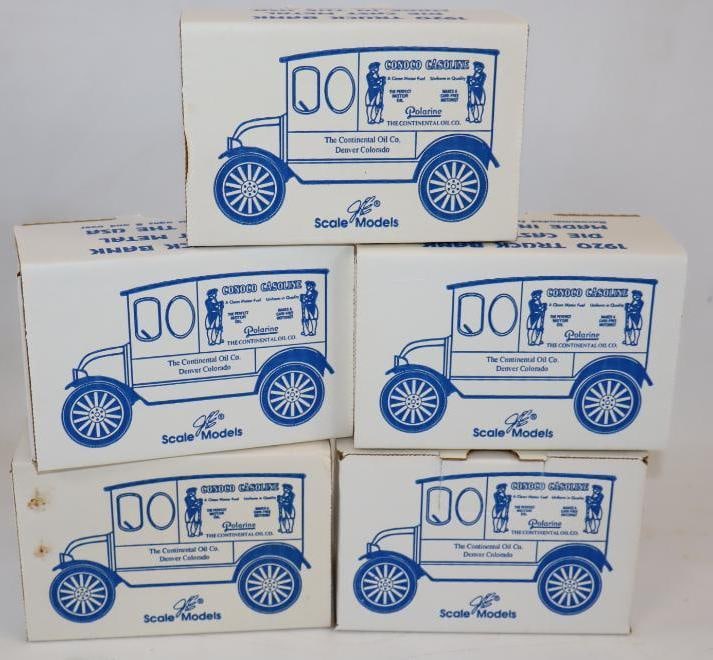 Group of 5 1920 Die Cast Conoco Bank Trucks in Original Boxes: 6" x 3" x 4" each