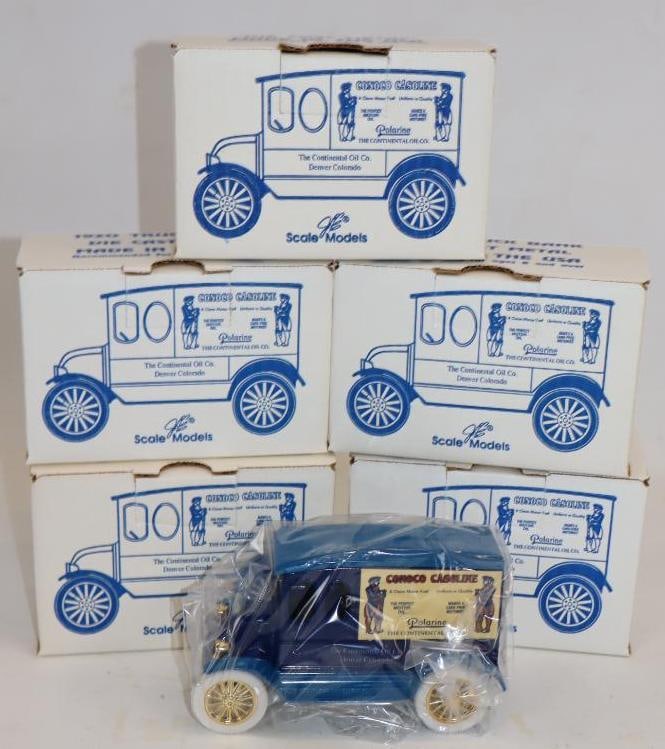 Group of 5 1920 Die Cast Conoco Bank Trucks in Original Boxes: 6" x 3" x 4" each