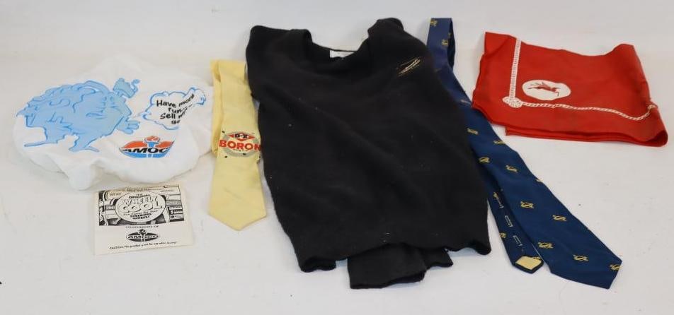 Group of 6 Amoco, Mobil, Esso, DX, & Sunoco Advertising Sweater, Ties, & Handkerchief: Largest is XL , white Amoco product is a steering wheel cover