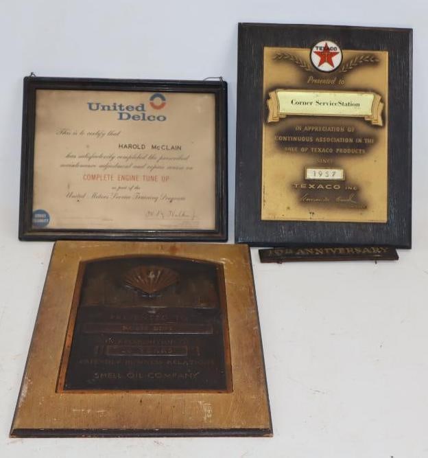 Group of 3 Shell, Texaco, & Delco Recognition Award Plaques: Largest is 14" x 10"